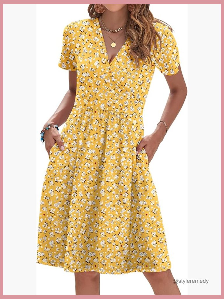 V-Neck Floral Sundress With Pockets, Short Sleeve Summer Dress